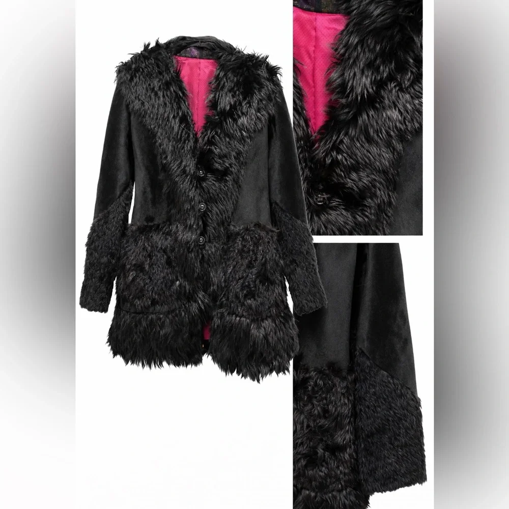 Black Fur Leather Chic Layering Coat M/L NWT High End Designer Statement Luxury - Picture 4 of 14